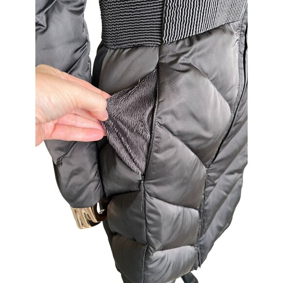 T Tahari Down Puffer Coat Taupe Brown XS, Long Quilted Winter Jacket High Neck - Picture 10 of 13